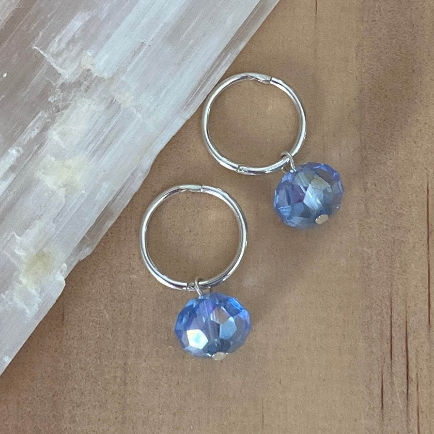 Sterling Silver Blue Crystal Sleeper Hoop Earrings