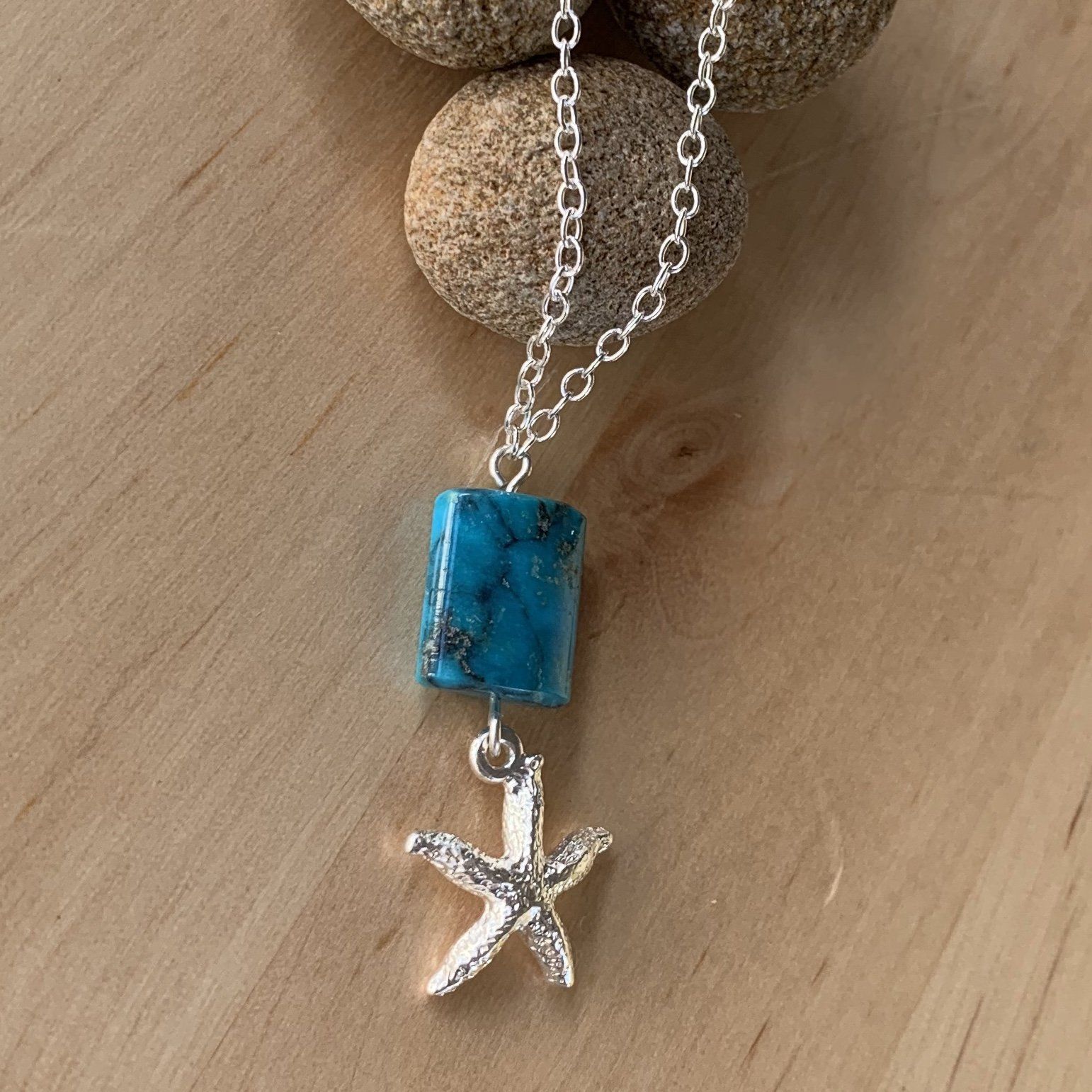 Handmade Recycled Turquoise Gemstone and Starfish Sterling Silver Necklace