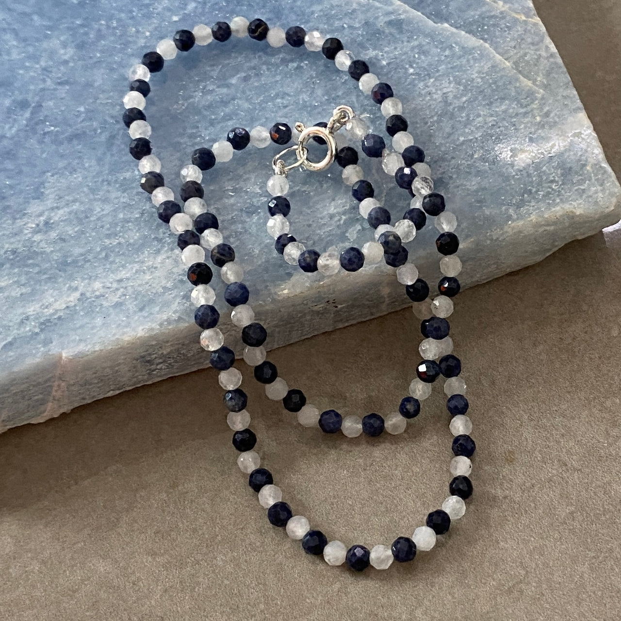 Blue Sapphire & Rainbow Moonstone Sterling Silver Necklace