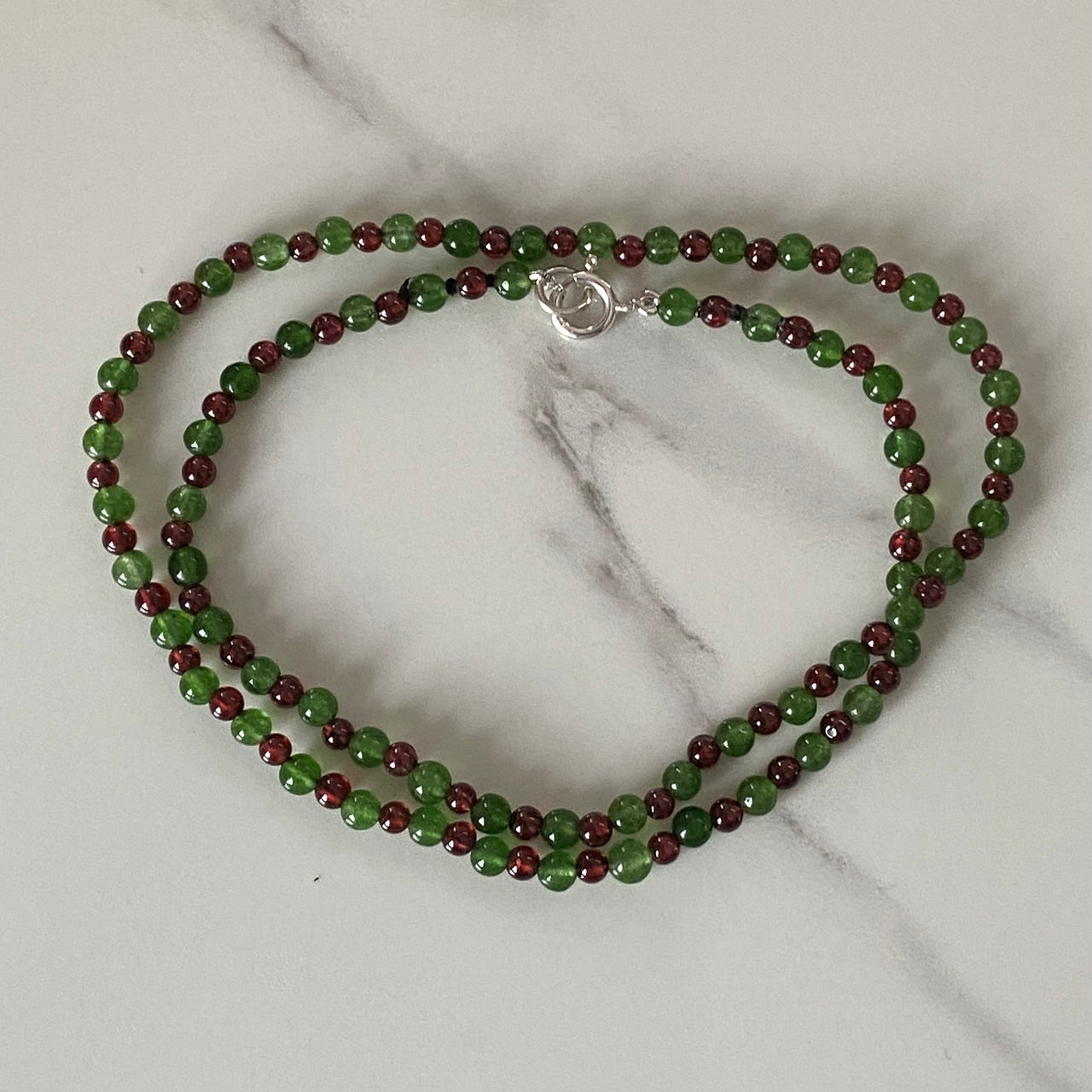 Red Garnet & Green Jade Sterling Silver Necklace