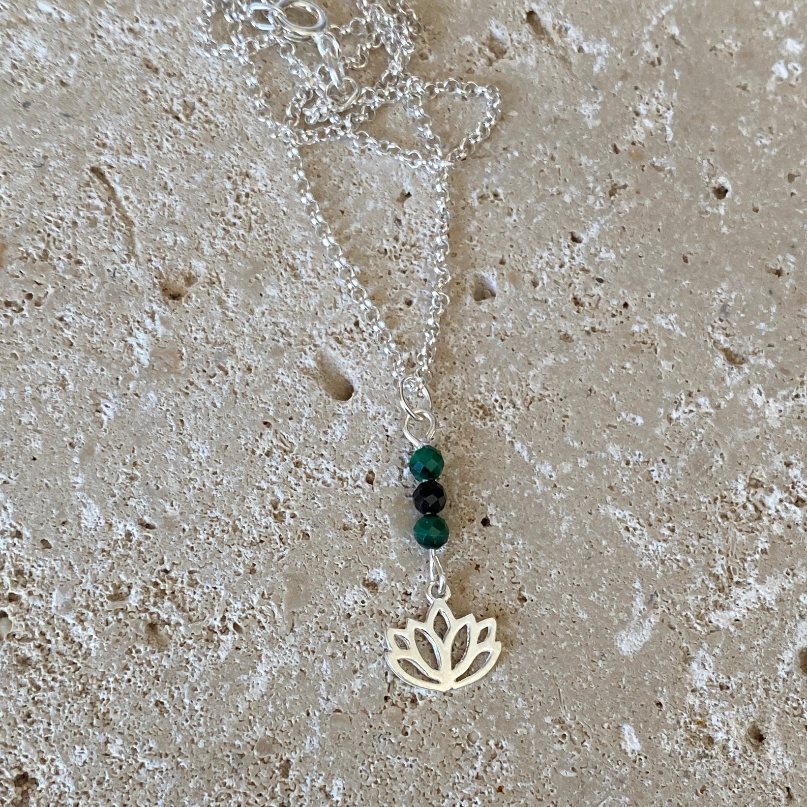 Sterling Silver Lotus Flower Charm, Malachite & Black Tourmaline Necklace - Empaness