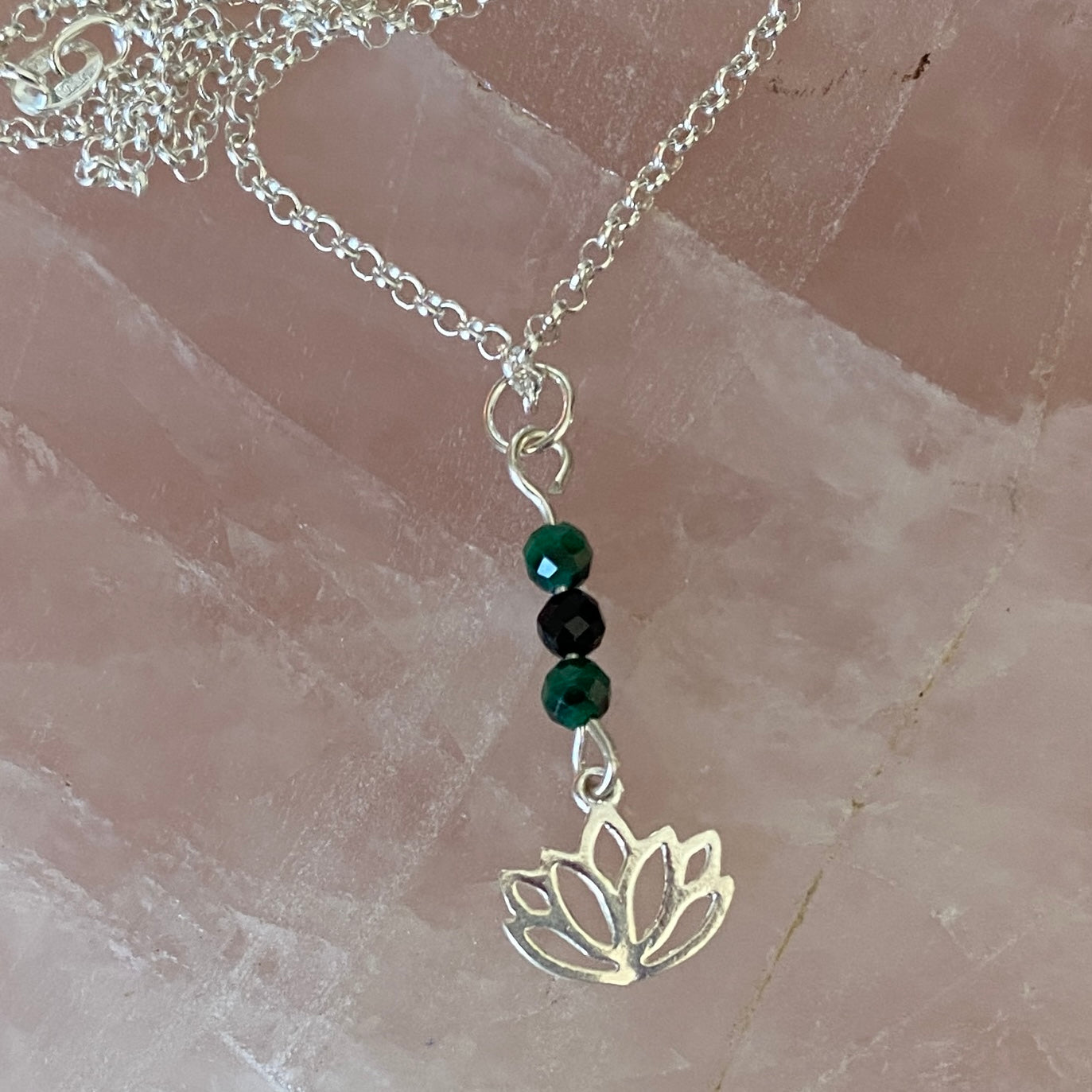 Sterling Silver Lotus Flower Charm, Malachite & Black Tourmaline Necklace - Empaness