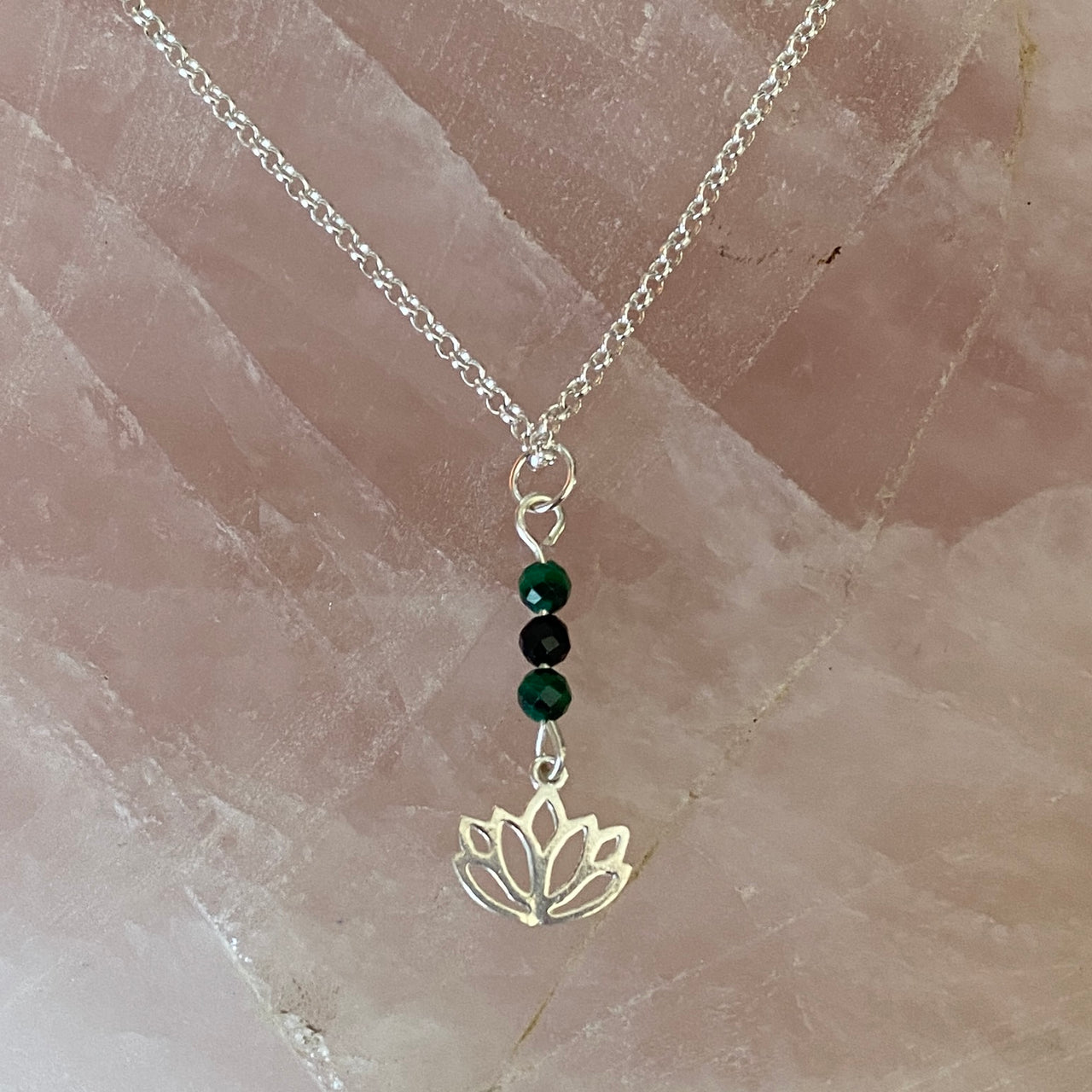 Sterling Silver Lotus Flower Charm, Malachite & Black Tourmaline Necklace - Empaness