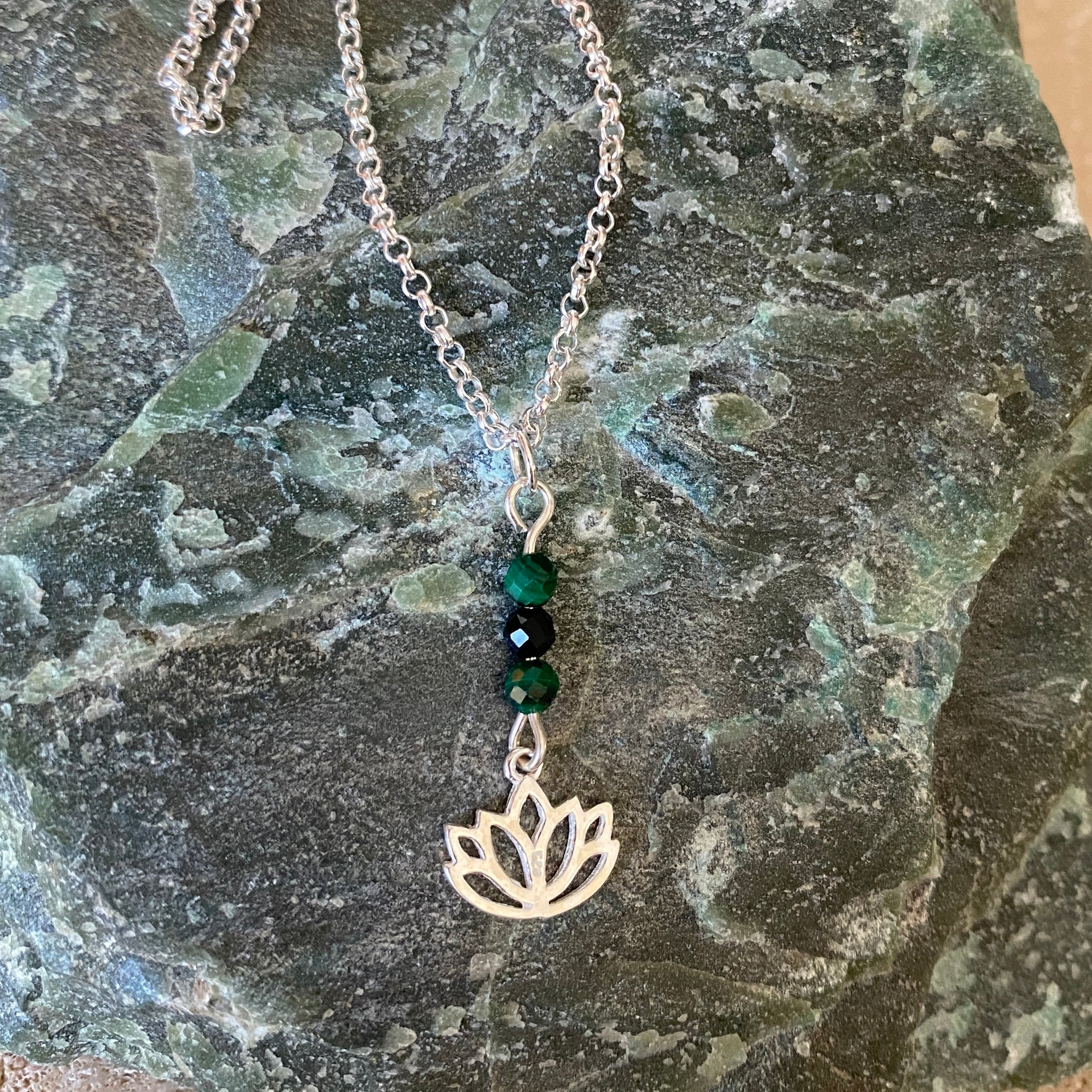 Sterling Silver Lotus Flower Charm, Malachite & Black Tourmaline Necklace - Empaness