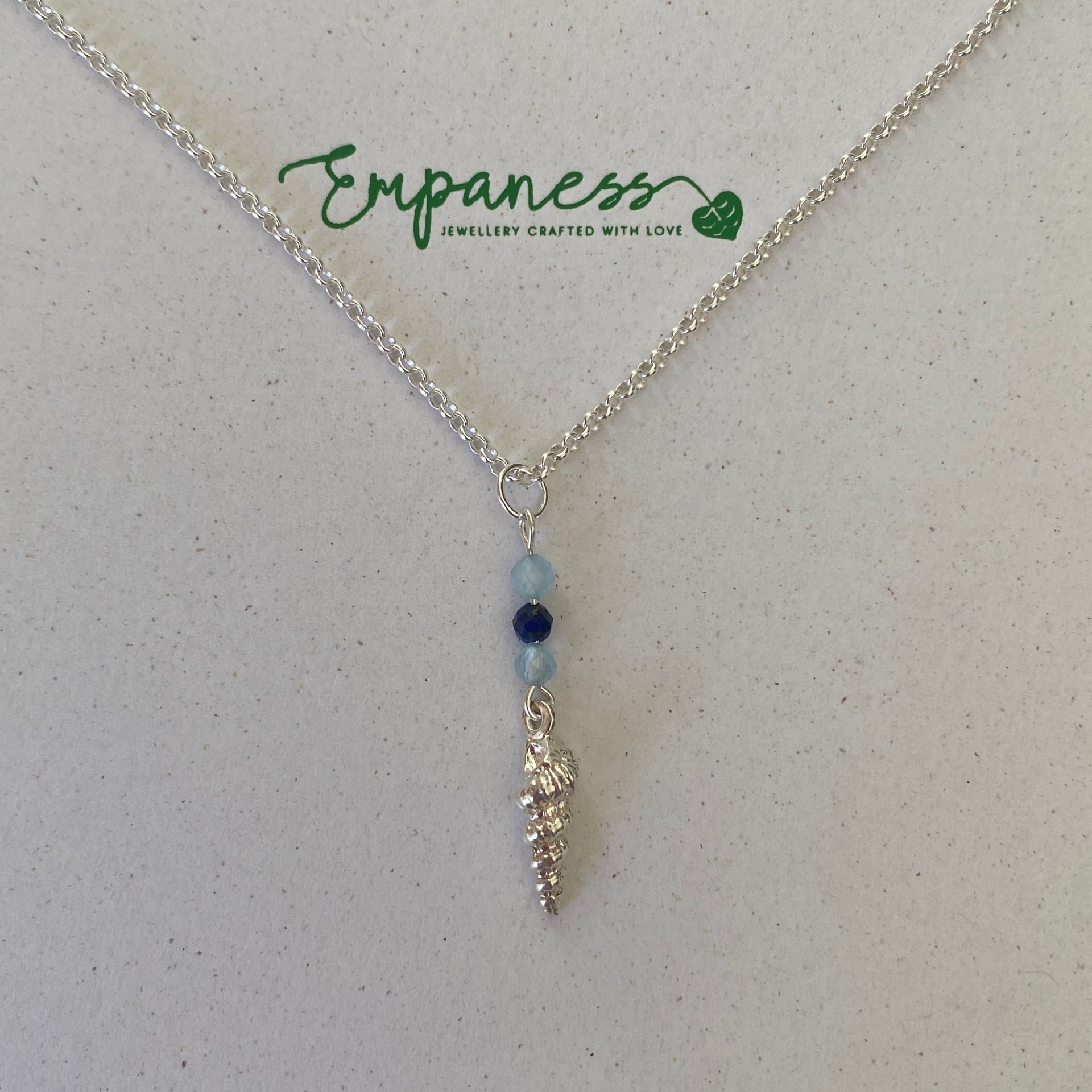 Sterling Silver Shell Charm, lapis Lazuli & Aquamarine Necklace - Empaness