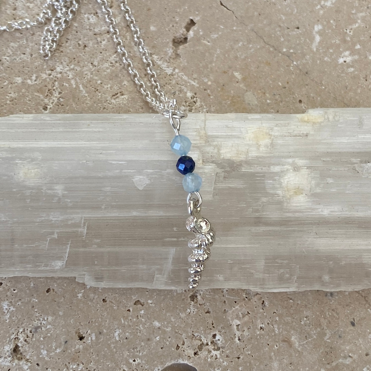 Sterling Silver Shell Charm, lapis Lazuli & Aquamarine Necklace - Empaness