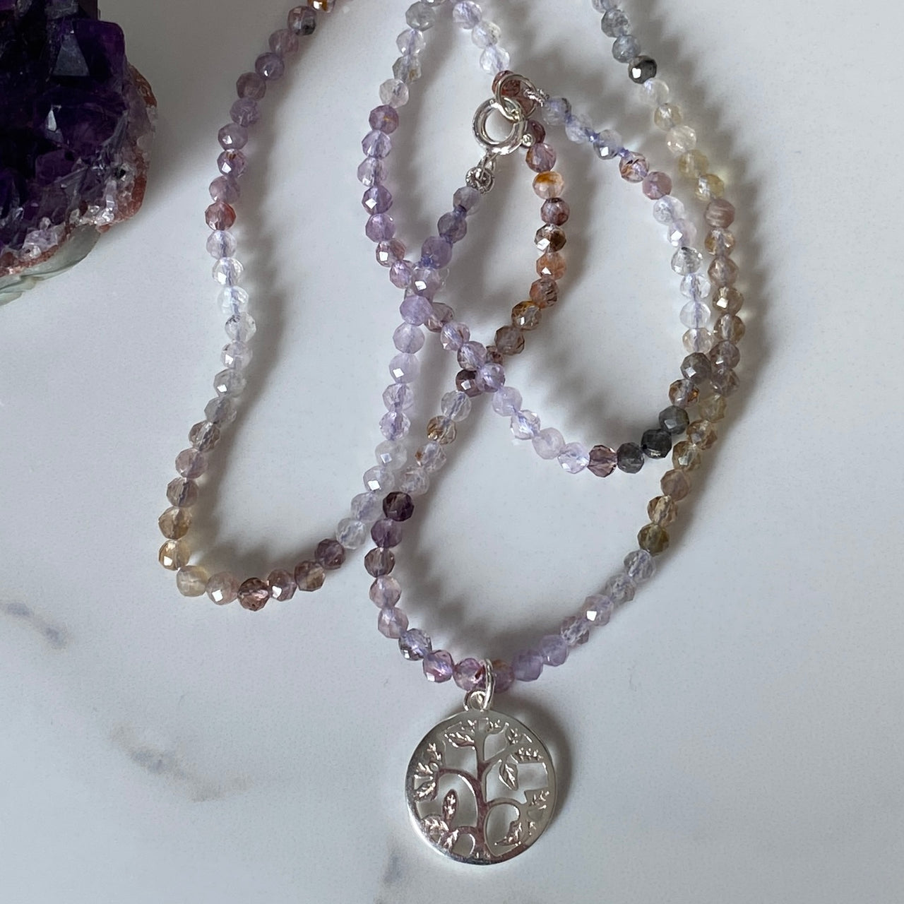 Rare Natural Auralite & Tree Of Life Charm Sterling Silver Necklace - Empaness