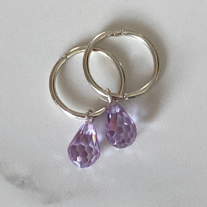 Cubic Zirconia Lavender Purple Sterling Silver Hoop Earrings - Empaness