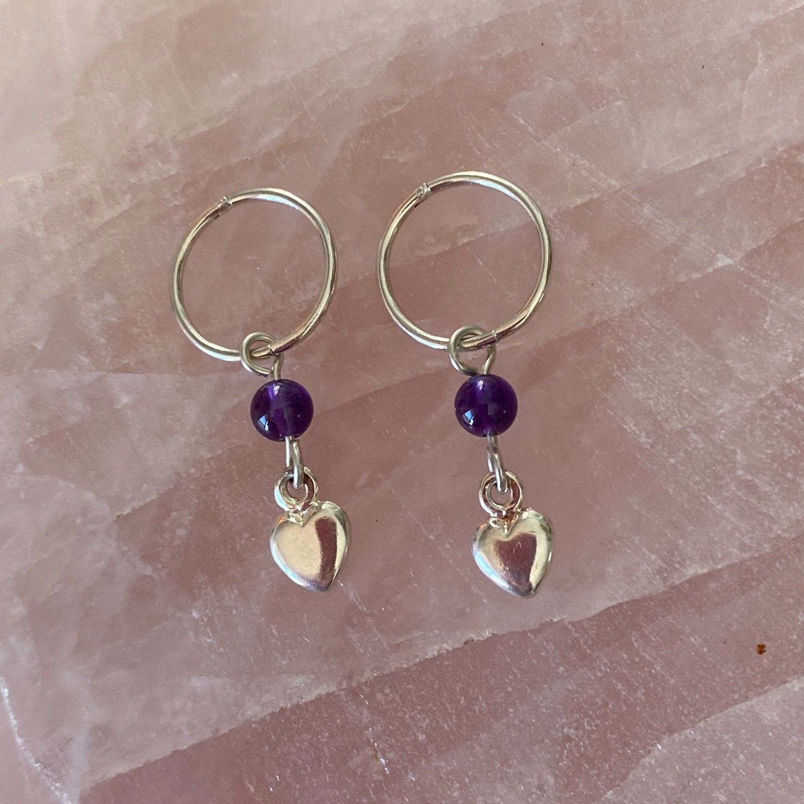 Sterling Silver Puff Heart & Amethyst Hoop Earrings - Empaness