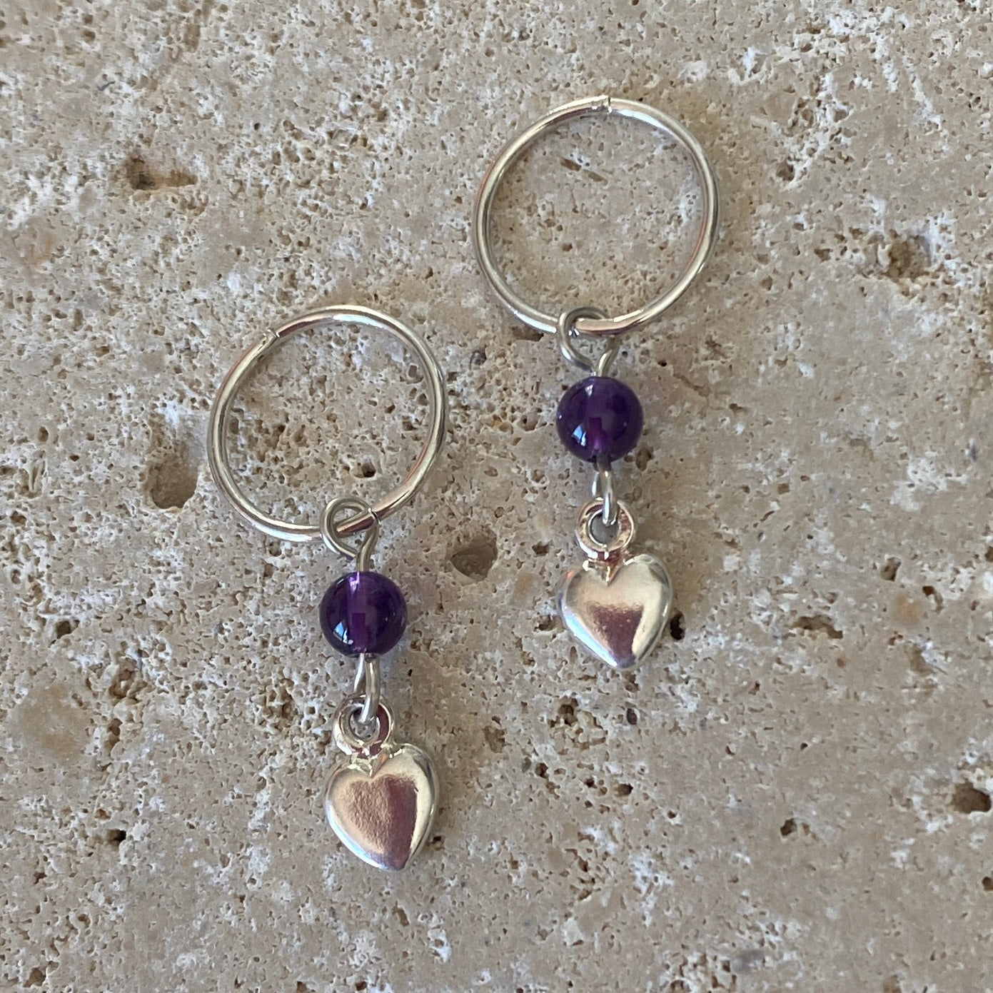 Sterling Silver Puff Heart & Amethyst Hoop Earrings - Empaness