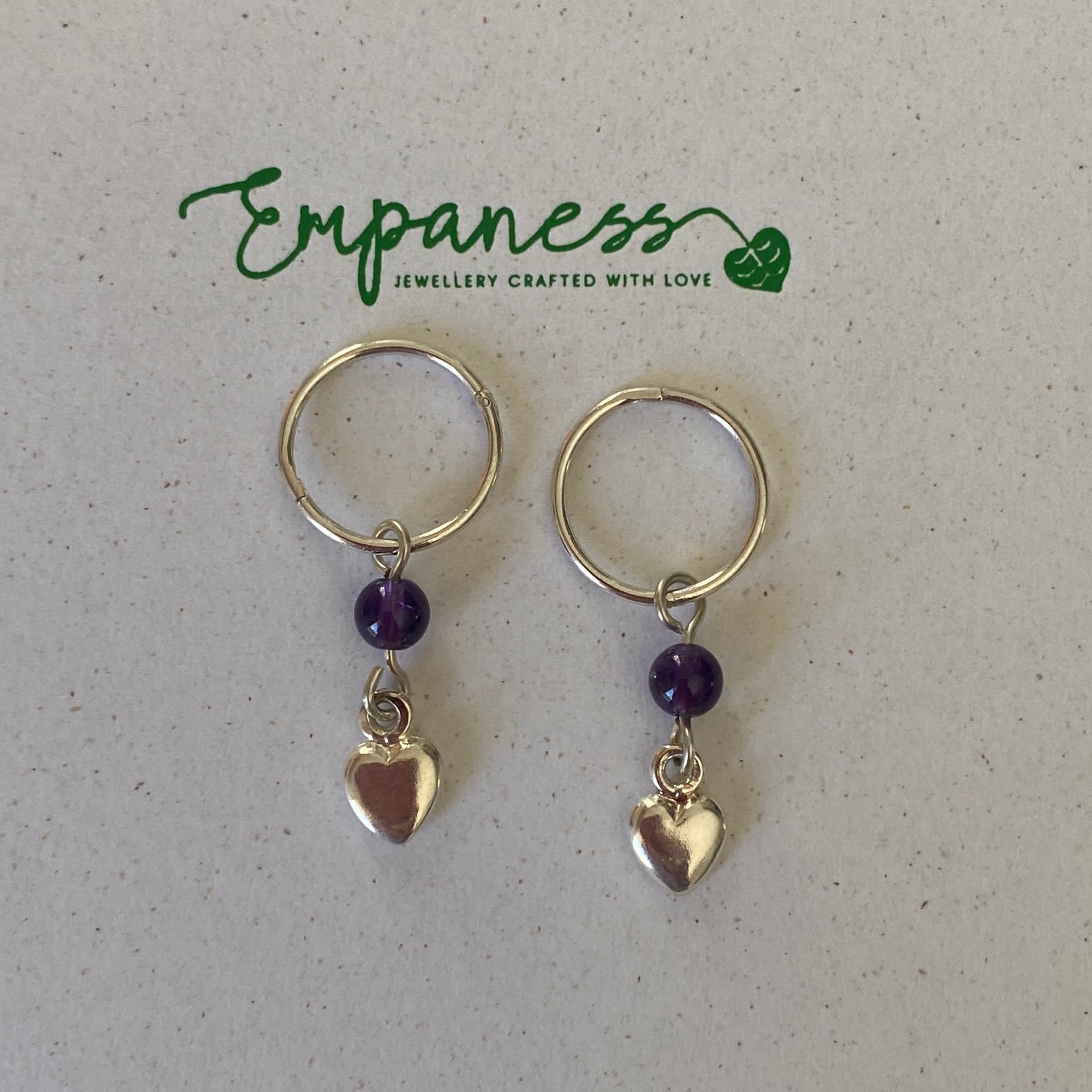 Sterling Silver Puff Heart & Amethyst Hoop Earrings - Empaness