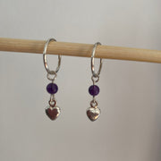 Sterling Silver Puff Heart & Amethyst Hoop Earrings - Empaness