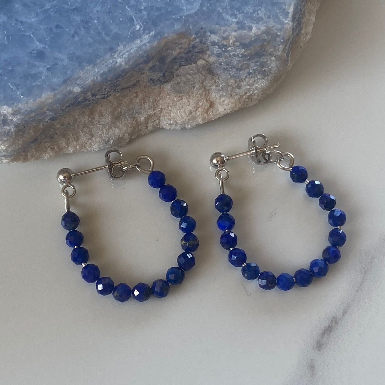 Lapis Lazuli Natural Faceted handmade Sterling Silver Hoop Stud Earrings