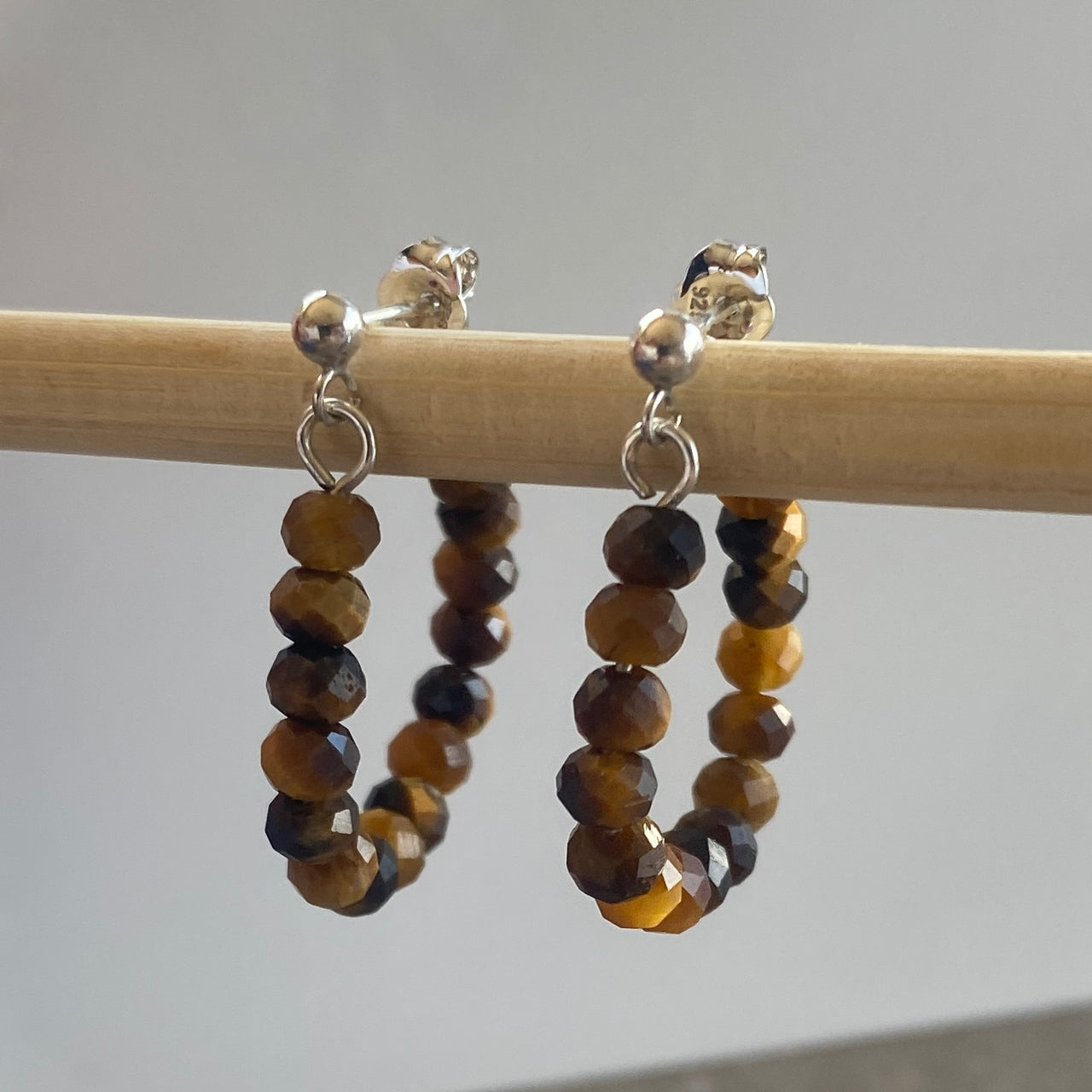 Sterling Silver Faceted Natural Tigers Eye Hoop Stud Handmade Earrings
