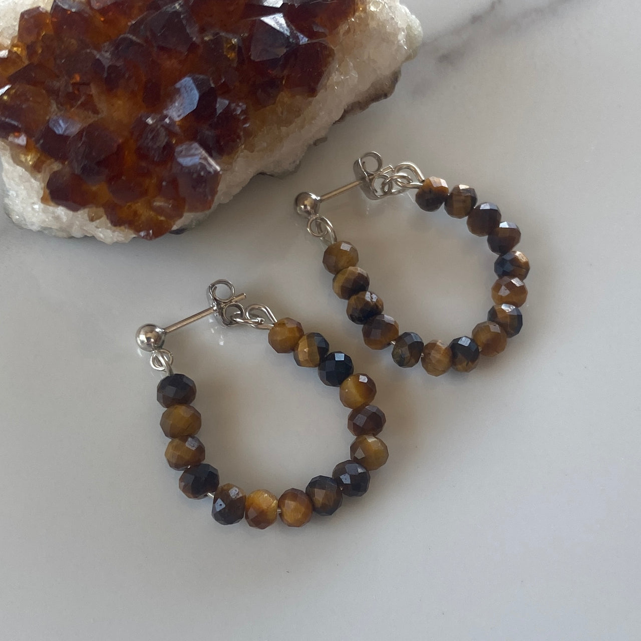 Sterling Silver Faceted Natural Tigers Eye Hoop Stud Handmade Earrings