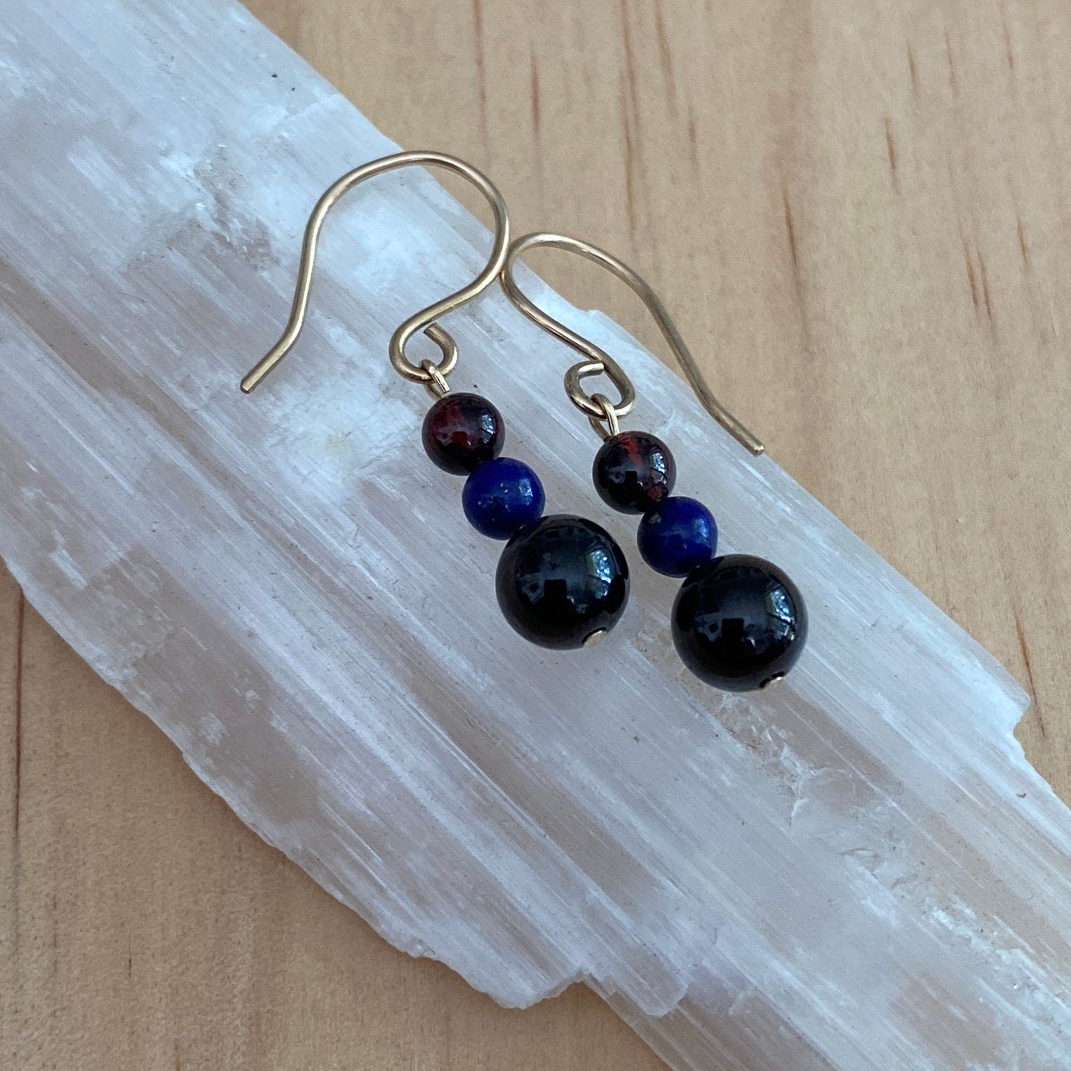 Solid 9 Carat Yellow Gold Red Garnet and Lapis Lazuli Earrings - Empaness